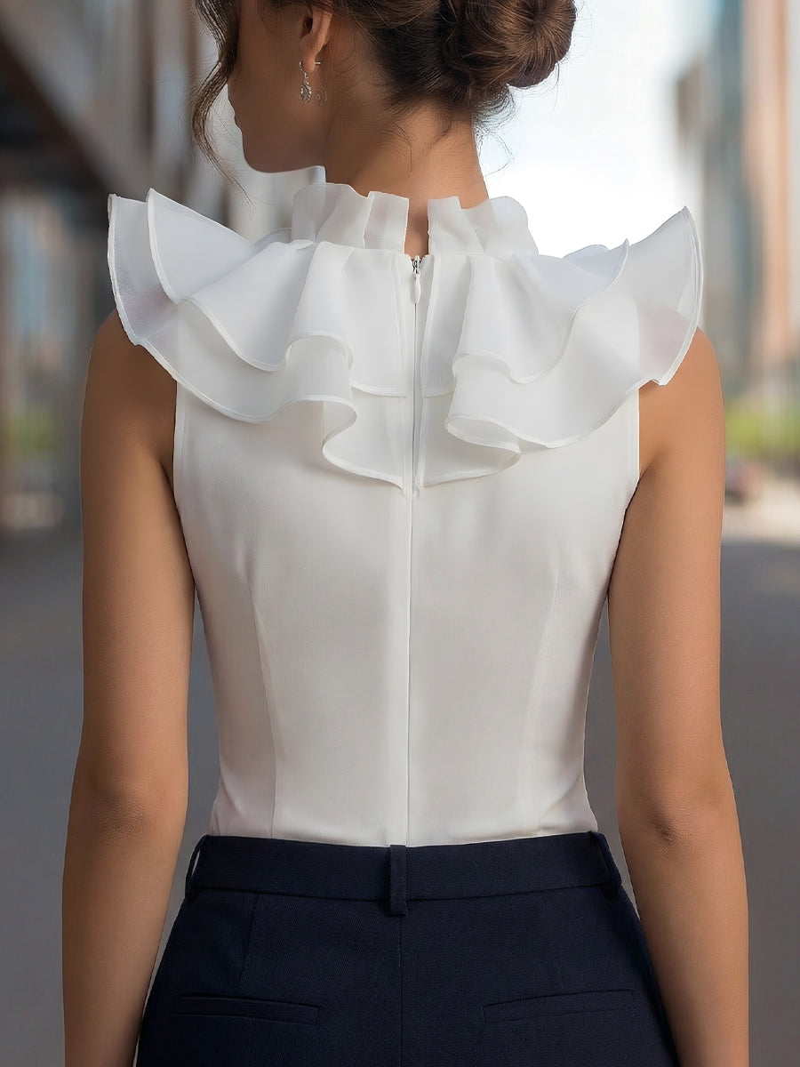 Top en chiffon sans manches à col en V volanté