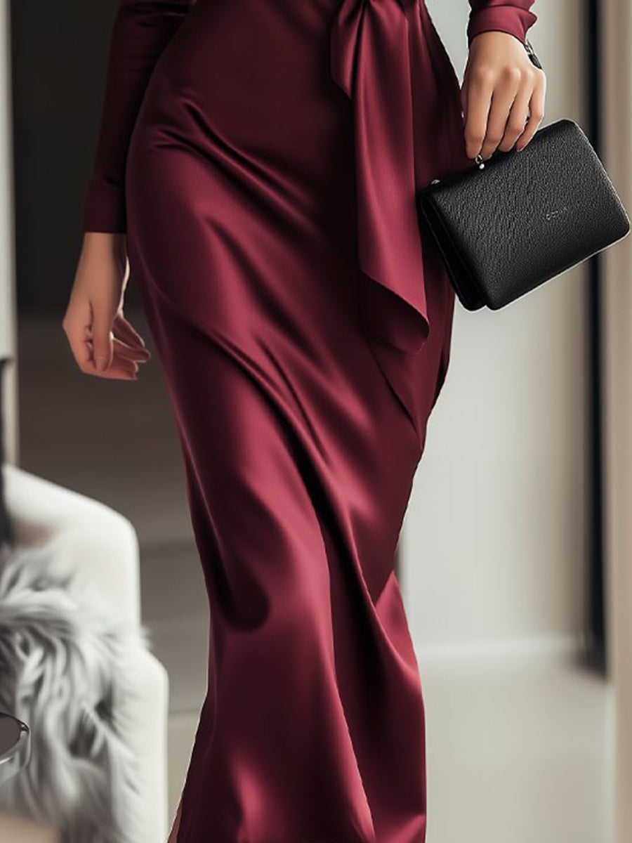 Robe portefeuille en satin bordeaux intemporelle avec ceinture à nouer