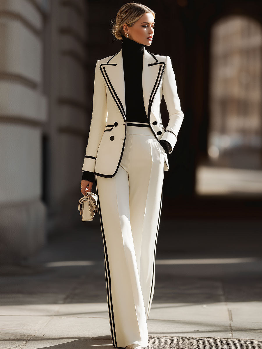 Ensemble tailleur croisé blanc à finitions contrastées