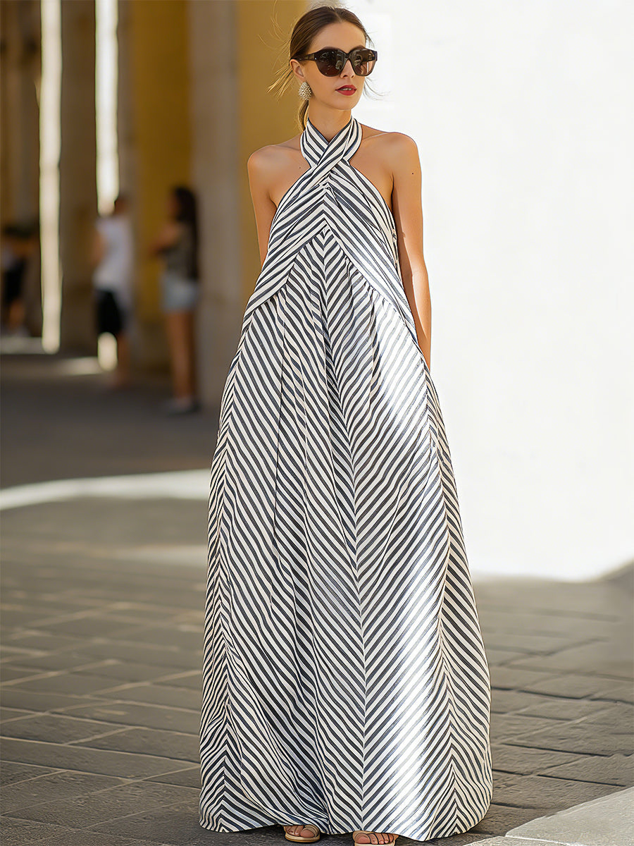 Robe longue à col halter à rayures nautiques