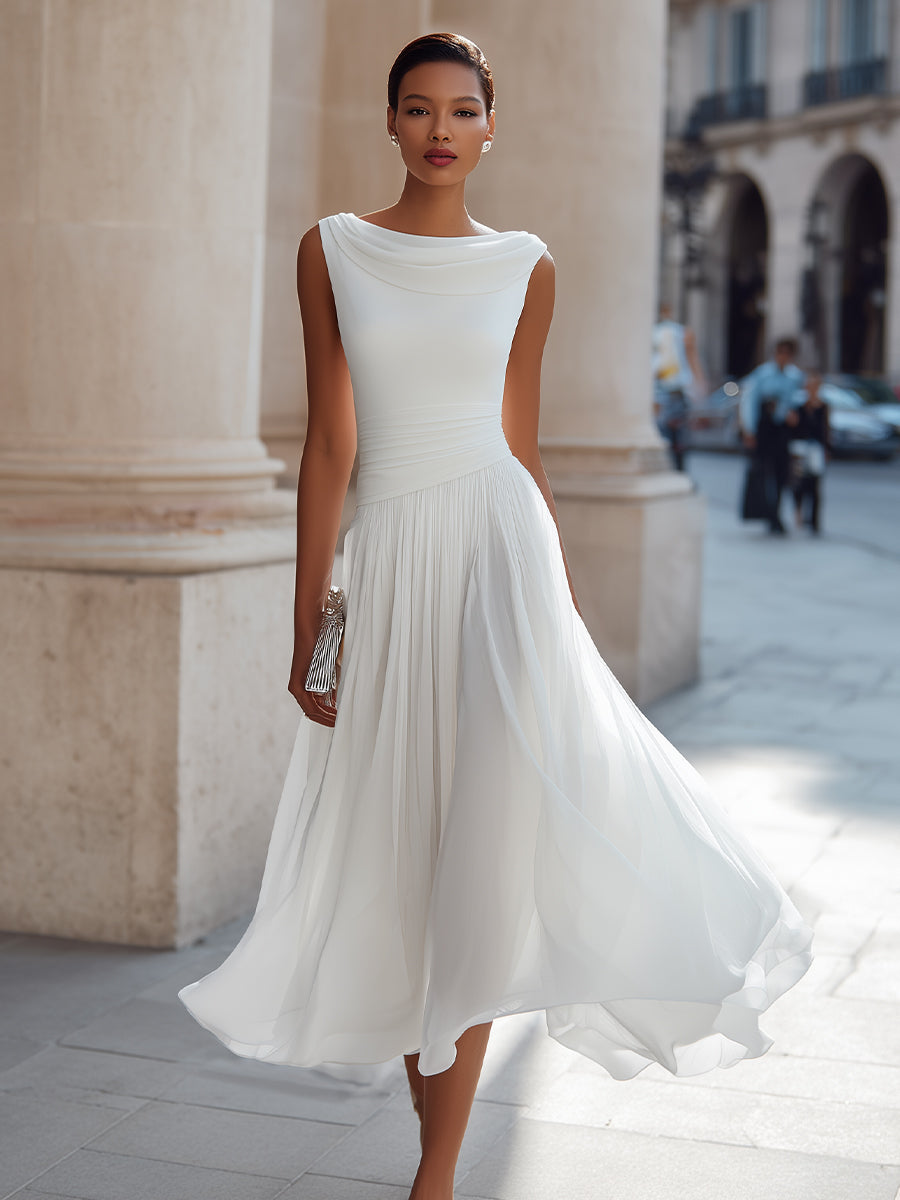 Robe midi plissée sans manches à encolure drapée