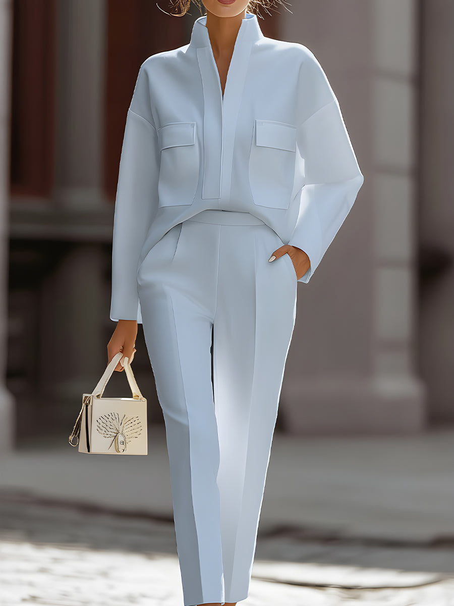 Ensemble deux pièces ivoire avec chemise oversize et pantalon tailleur ajusté