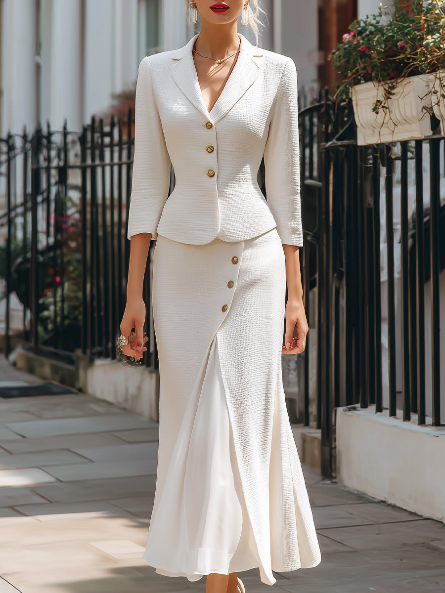 Ensemble élégant texturé avec blazer boutonné et jupe midi
