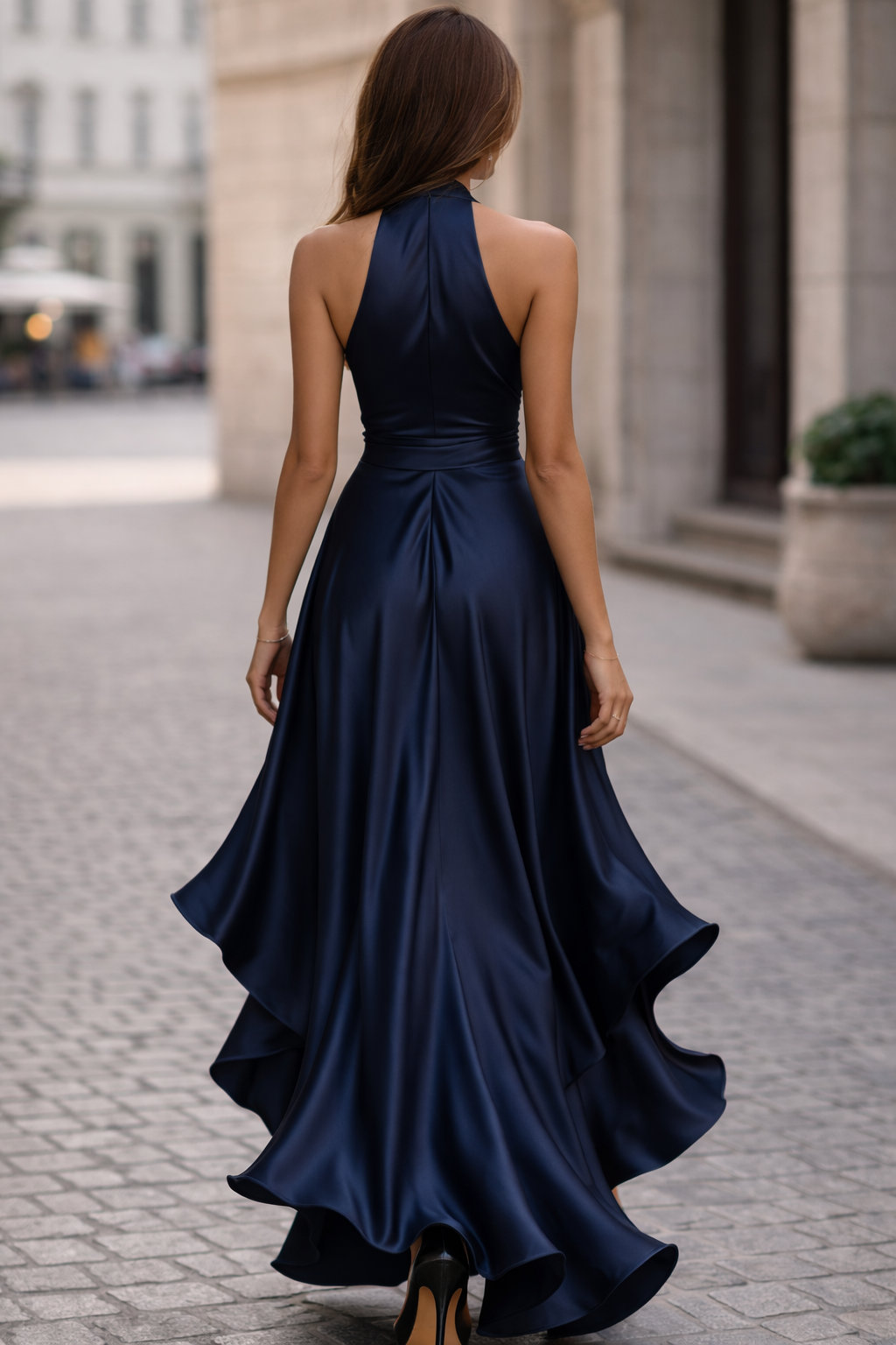 Robe de soirée en satin bleu nuit à col halter avec volants élégants
