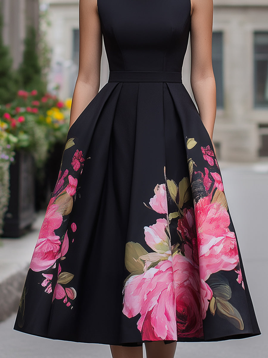 Robe midi élégante sans manches avec jupe à imprimé floral