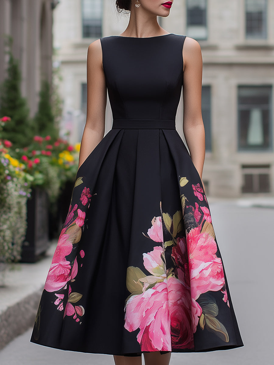 Robe midi élégante sans manches avec jupe à imprimé floral