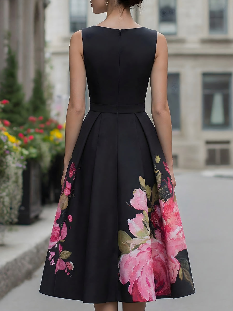 Robe midi élégante sans manches avec jupe à imprimé floral