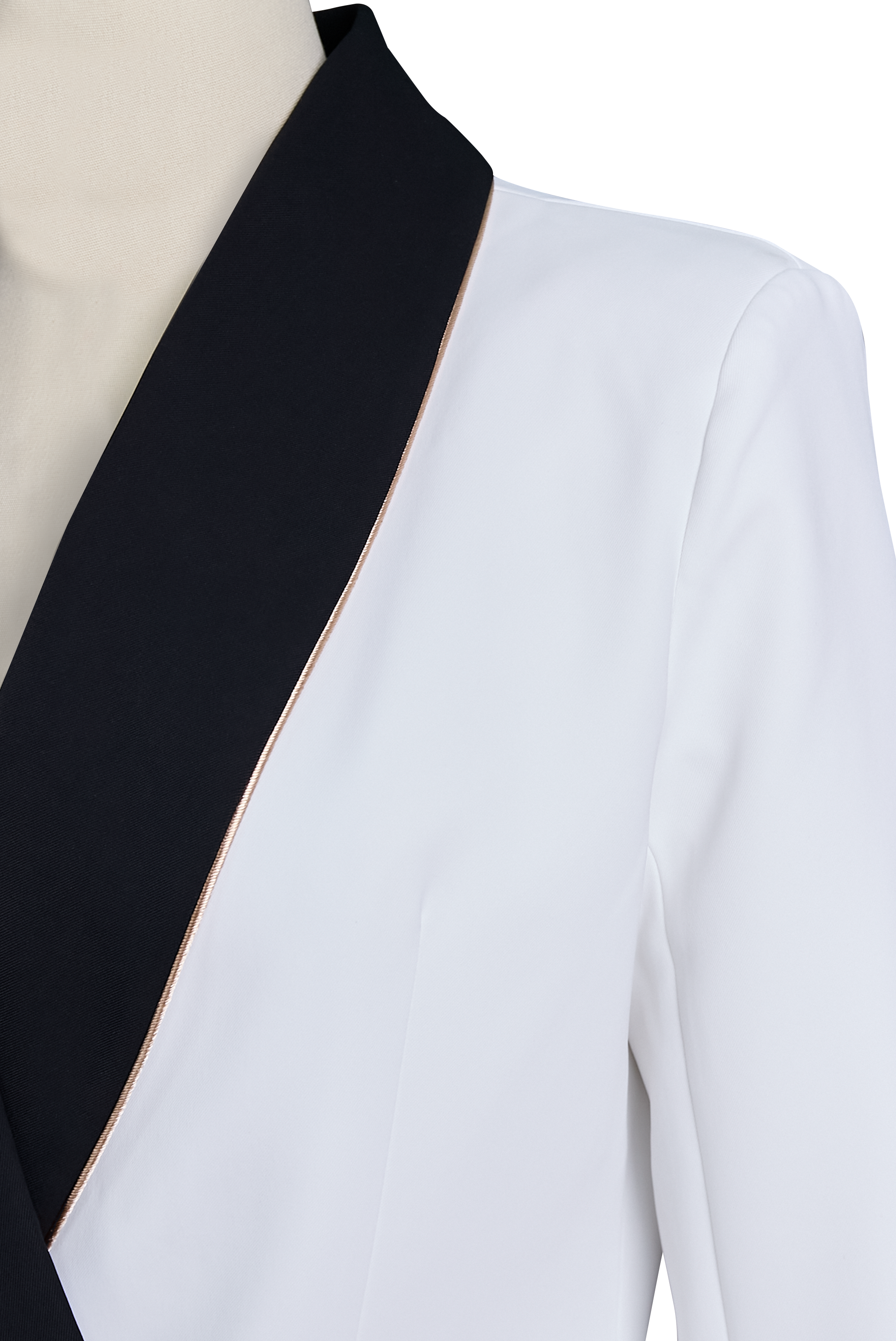 Blazer blanc asymétrique élégant avec revers noirs contrastés