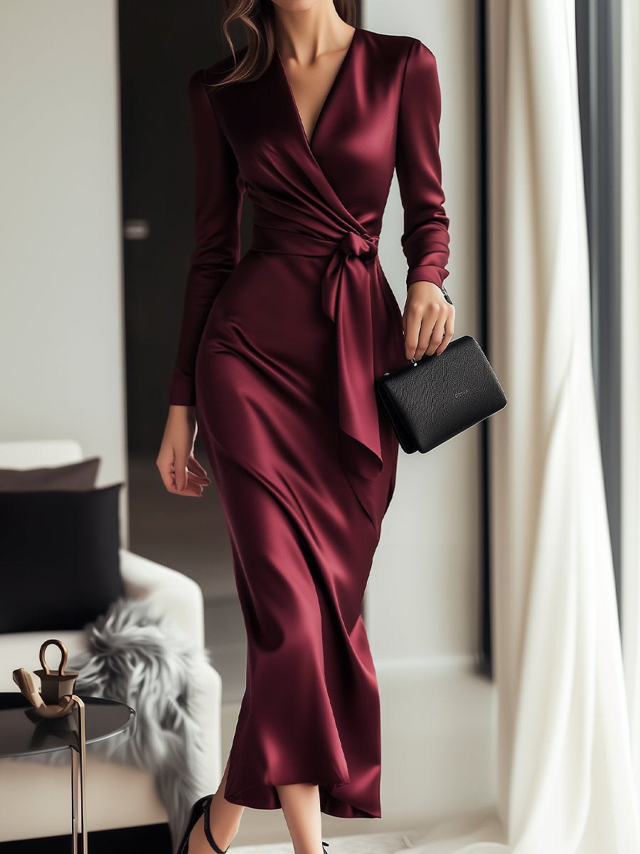 Robe portefeuille en satin bordeaux intemporelle avec ceinture à nouer