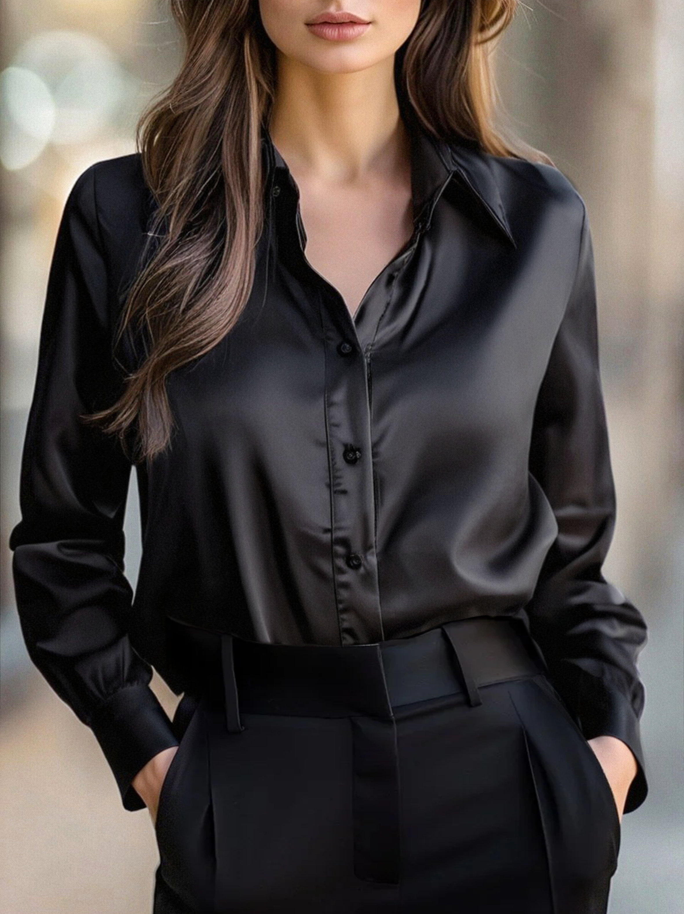Blouse élégante en satin noir à manches longues