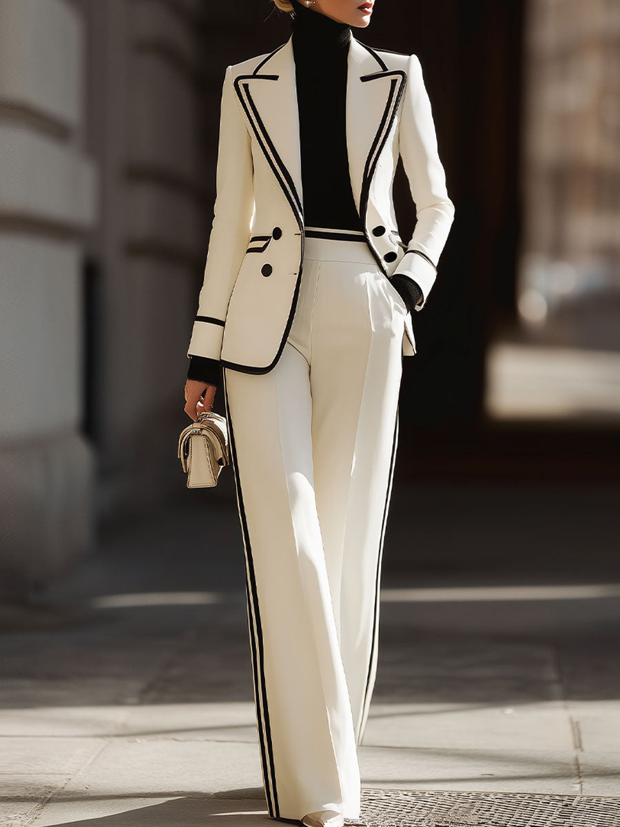 Ensemble tailleur croisé blanc à finitions contrastées