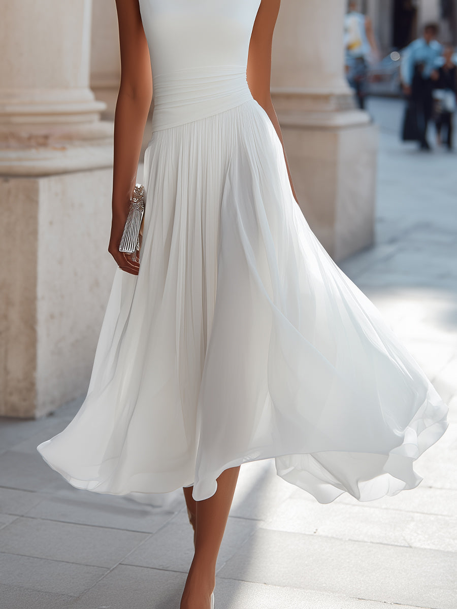 Robe midi plissée sans manches à encolure drapée