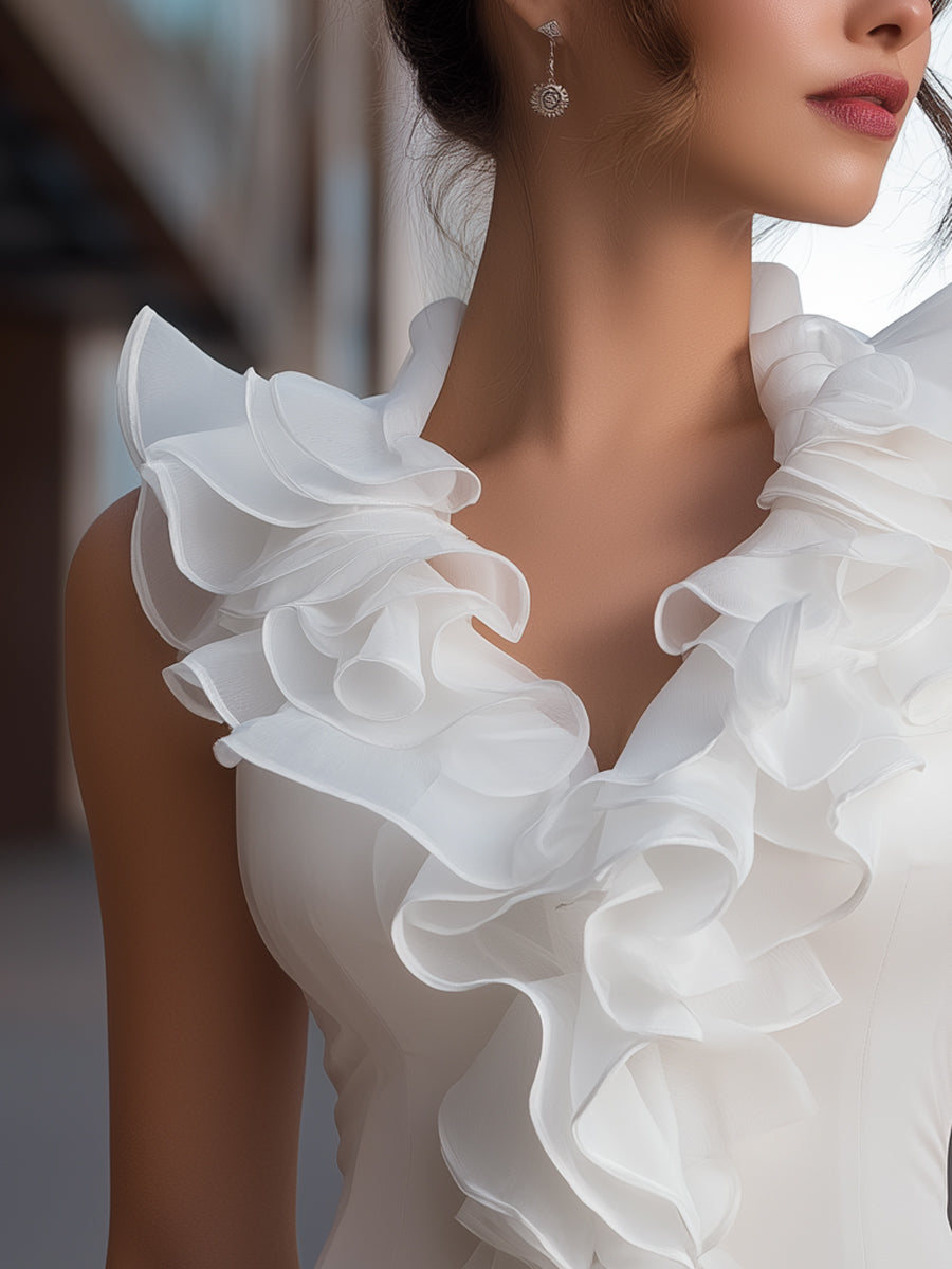 Top en chiffon sans manches à col en V volanté