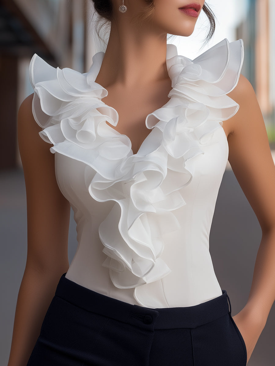 Top en chiffon sans manches à col en V volanté