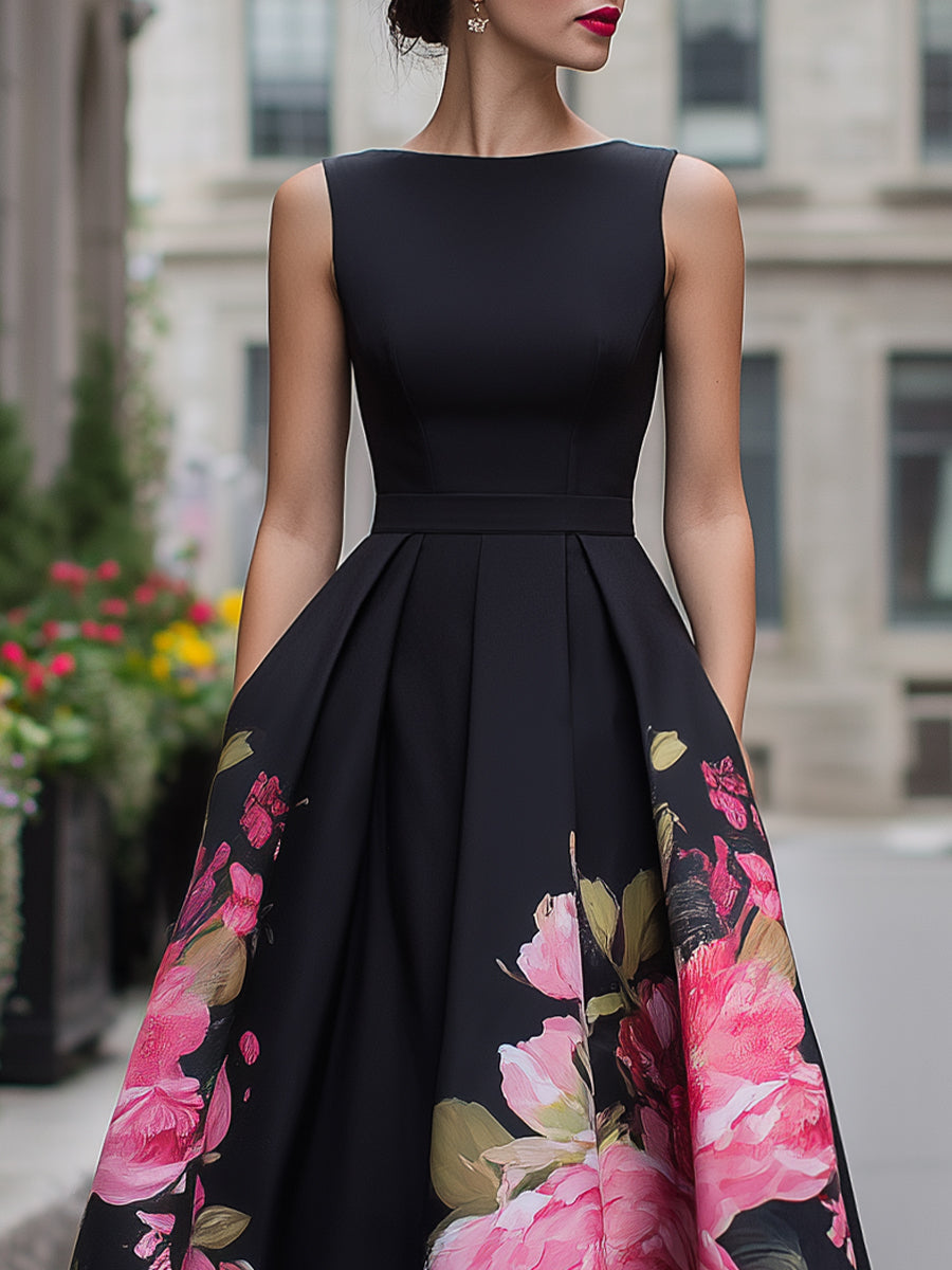Robe midi élégante sans manches avec jupe à imprimé floral
